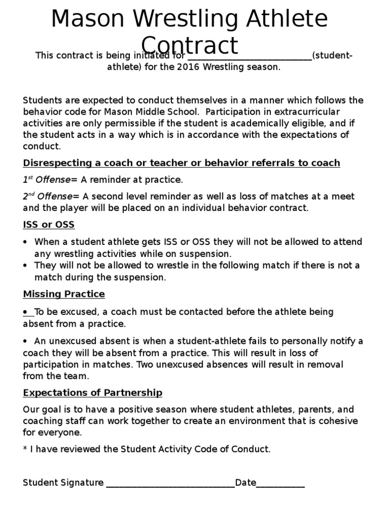 Mason Middle School Wrestling Contract | PDF | Sports & Recreation ...