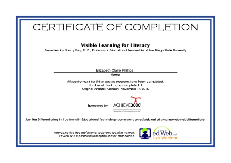 Visible Learning for Literacy Certificate | PDF