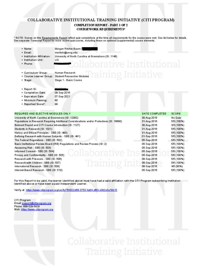 UNCG CITI Program Completion Report | PDF | Institutional Review Board ...
