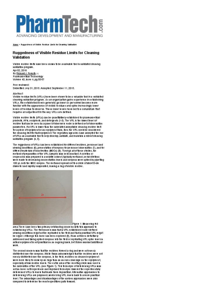 Ruggedness of Visible Residue Limits For Cleaning Validation PDF