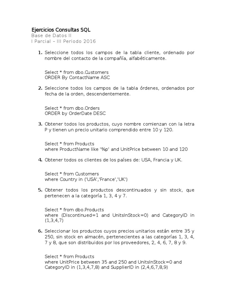 Ejercicios de Consultas SQL para Bases de Datos | PDF | SQL ...