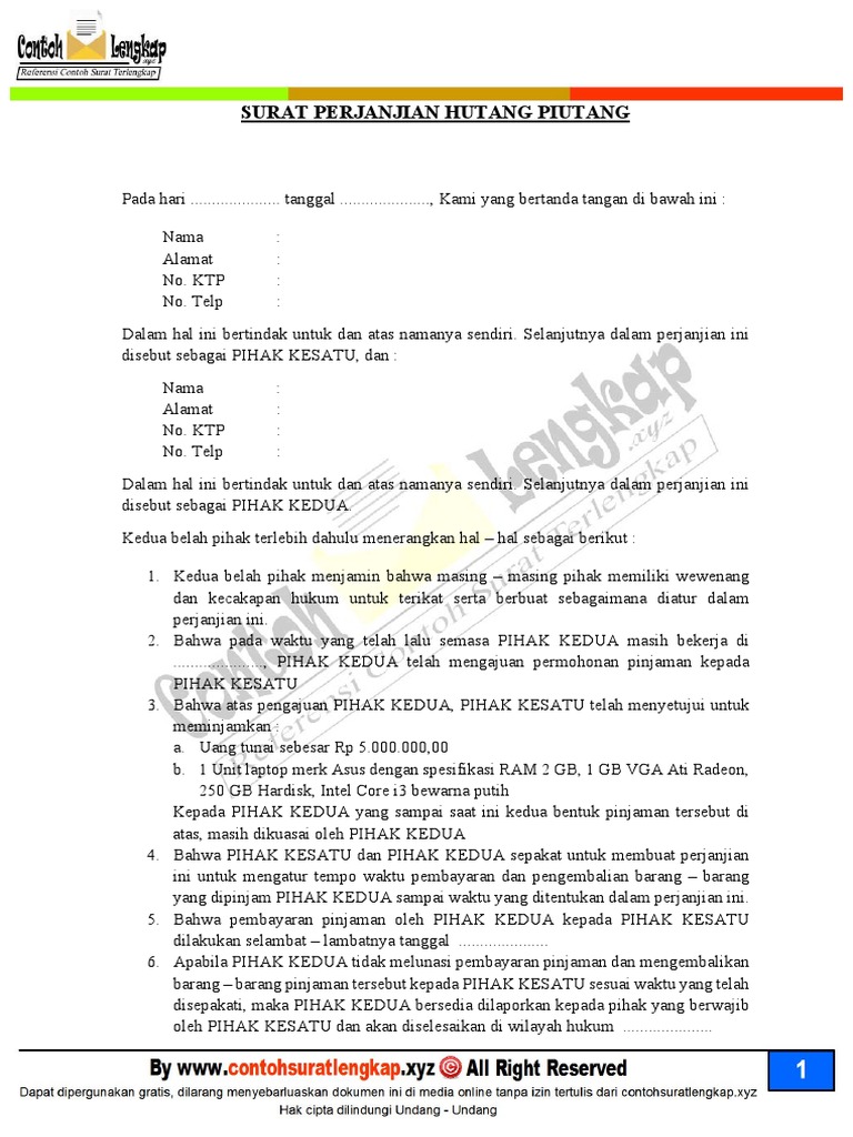 Contoh Surat Perjanjian Hutang Piutang Lengkap