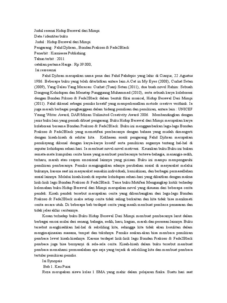 Resensi Novel Hidup Berawal Dari Mimpi