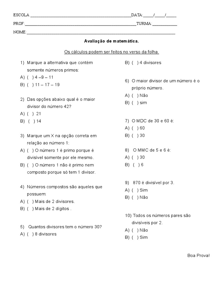 Avalia o matematica mmc mdc