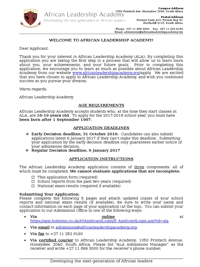 English African Leadership Academy Application 2016 2017 | PDF | Legal ...