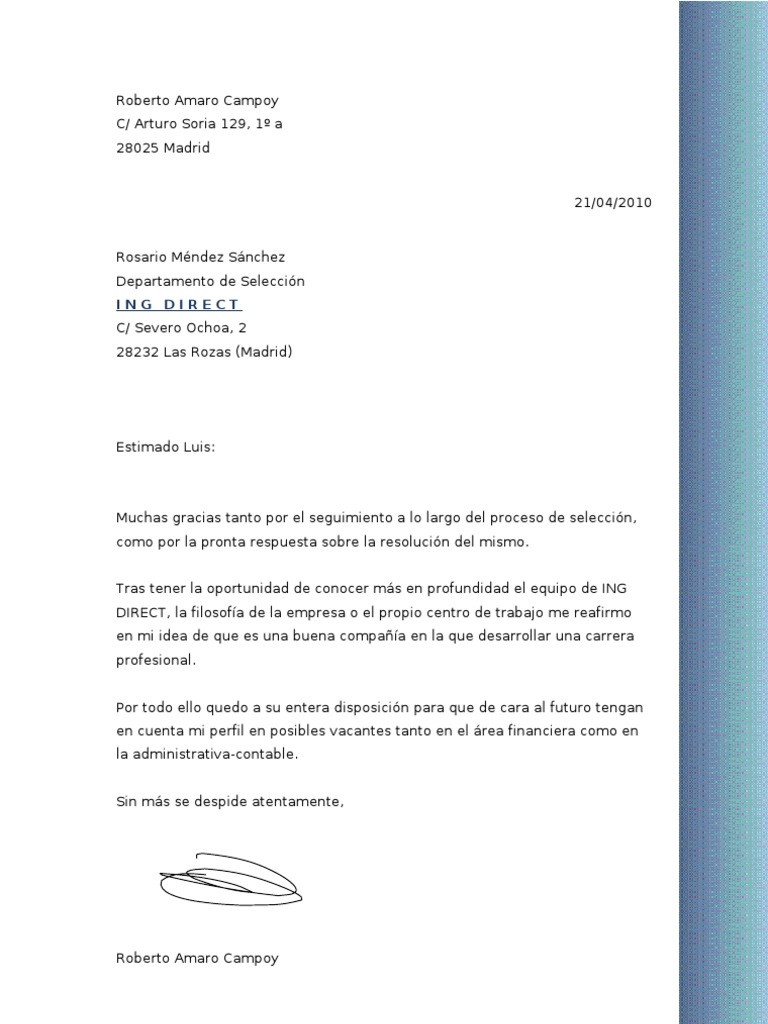 Ejemplo de Carta de Solicitud Desestimada