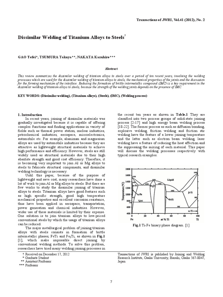 Dissimilar Welding of Titanium Alloys To Steel PDF PDF Titanium
