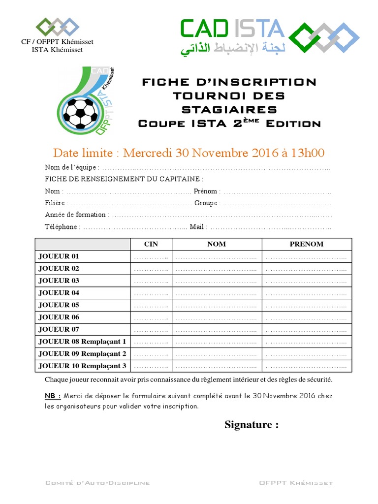 Fiche D Inscription Coupe ISTA 2ème Édition 2017 | Télécharger ...