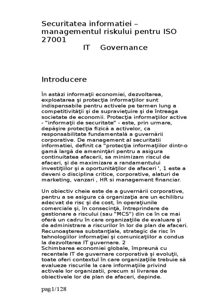 Securitatea Informatiei - Managementul Riscului Pentru ISO 27001 | PDF