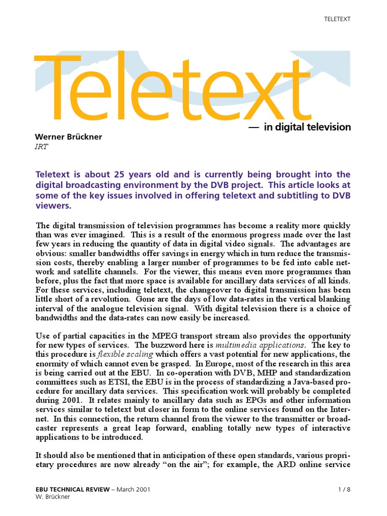 Digital Teletext in DVB Broadcasting | PDF | Network Packet | Digital ...