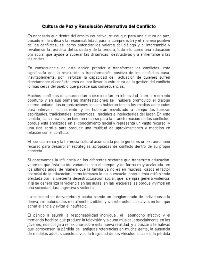 Cultura de Paz y Resolución Alternativa Del Conflicto | PDF | Conflicto ...