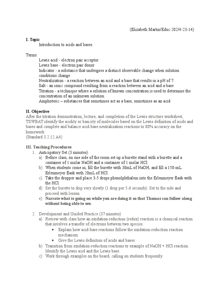 AcidBase Lesson Plan PDF Titration Chemistry