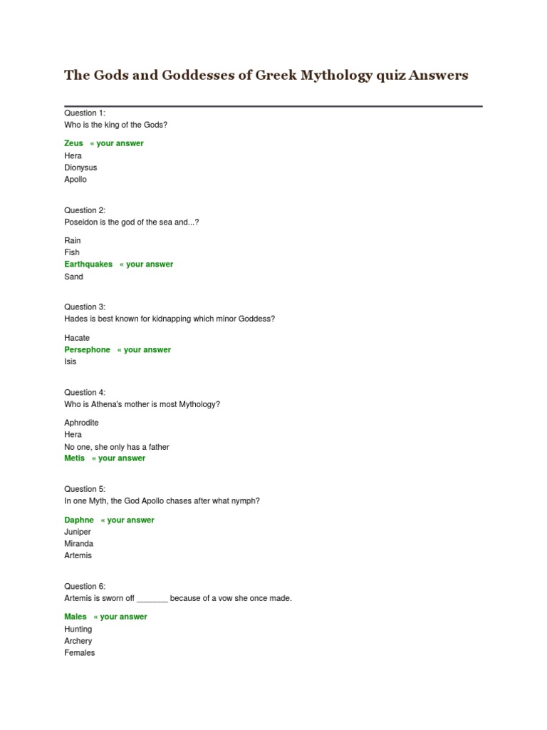 Greek gods and goddess quiz