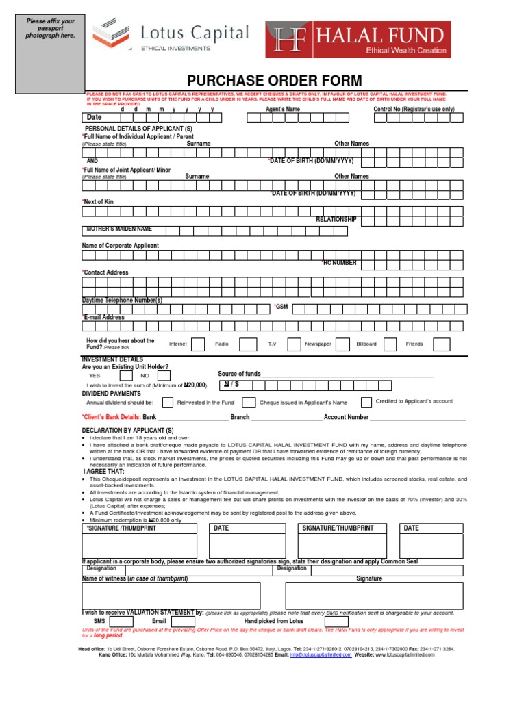 Lotus Capital Halal Fund Purchase Form | PDF | Investing | Cheque