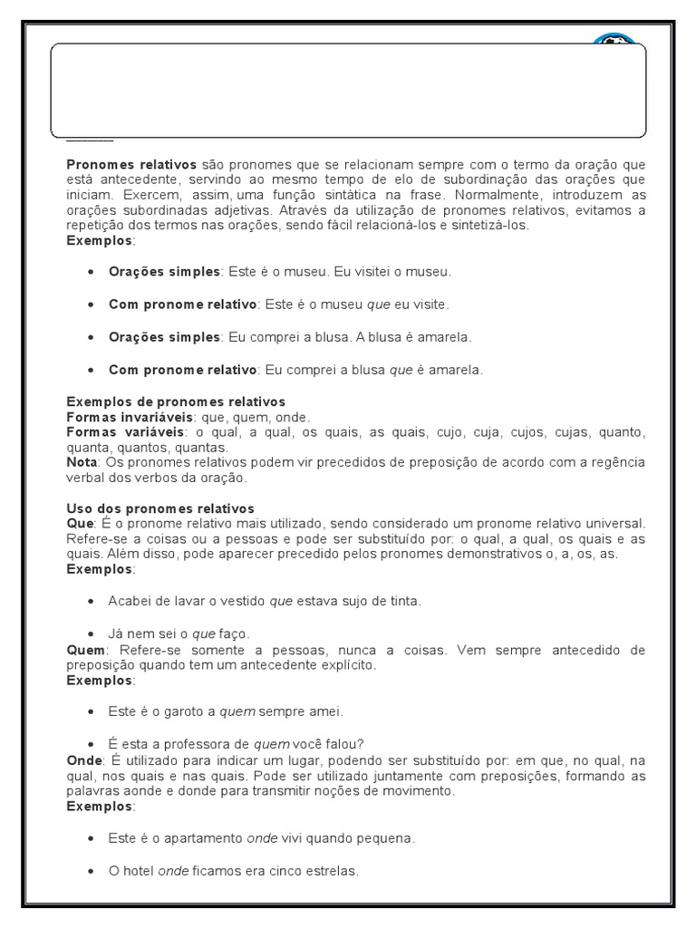 Pronome Relativo, PDF, Pronome