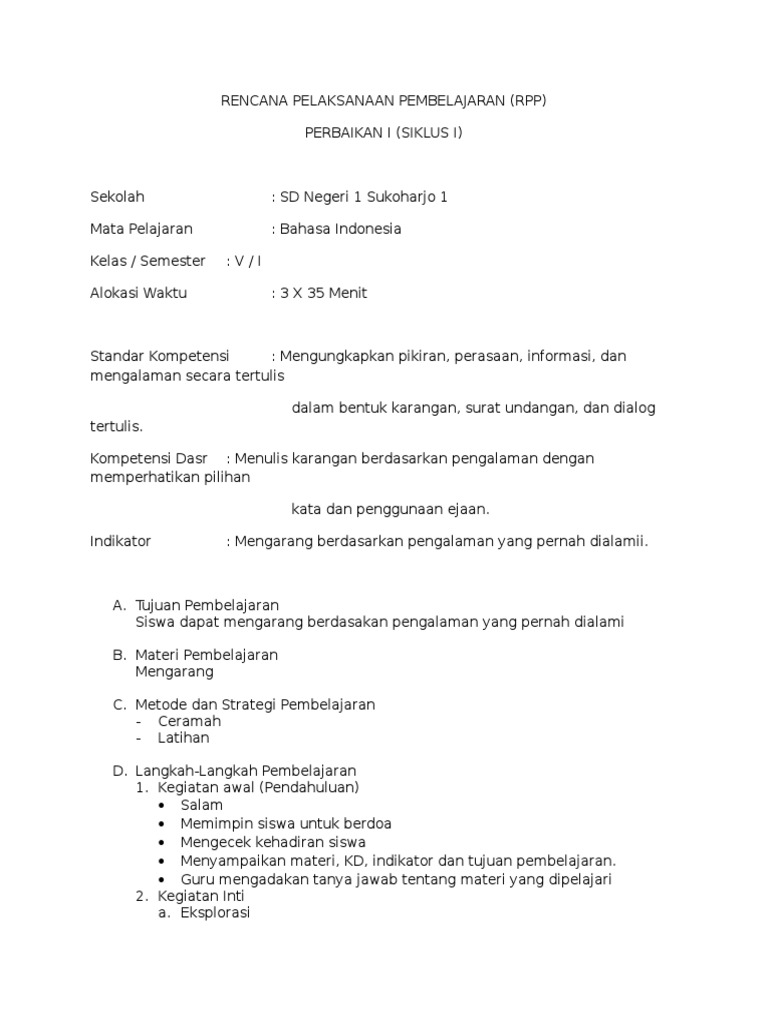 RPP Pembelajaran Bahasa Indonesia Kelas V | PDF