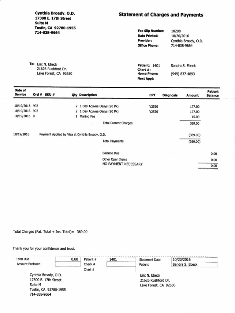 Patient Billing Statement - Cynthia Broady O.D. | PDF | Law