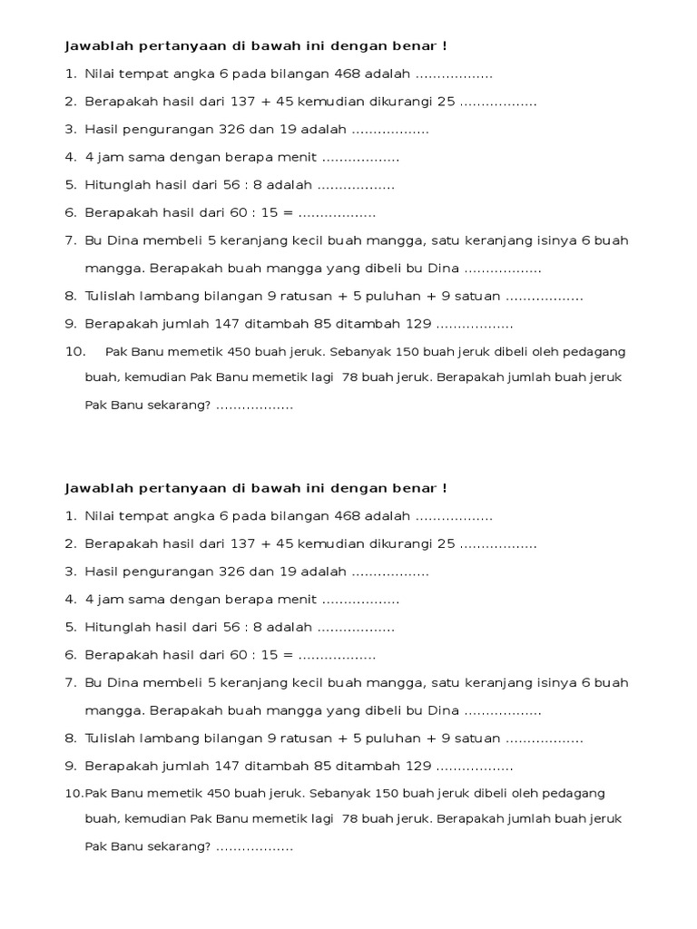 Contoh soal lomba calistung kelas 2 SD