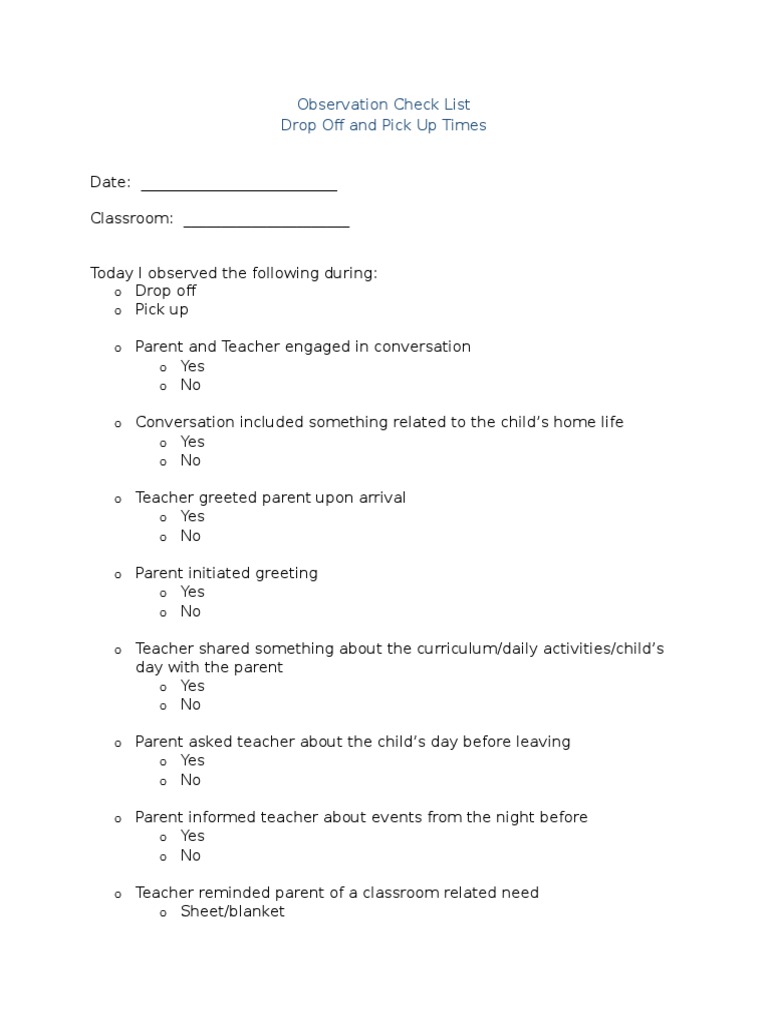 Wcu Observation Checklist Drop Off and Pick Up | PDF