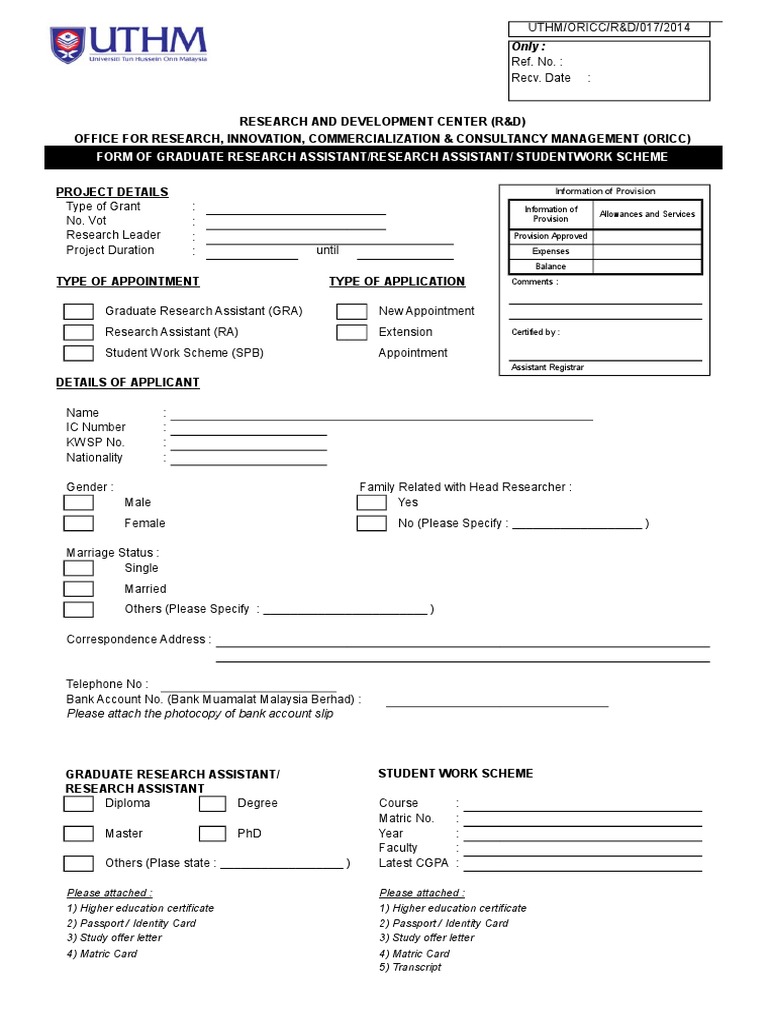 Form of Graduate Research Assistant/Research Assistant/ Studentwork ...