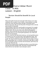 Name: Khairul Akbar Munir Class: XI-MIA Lesson: English: Tourism Should Be Benefit On Local People