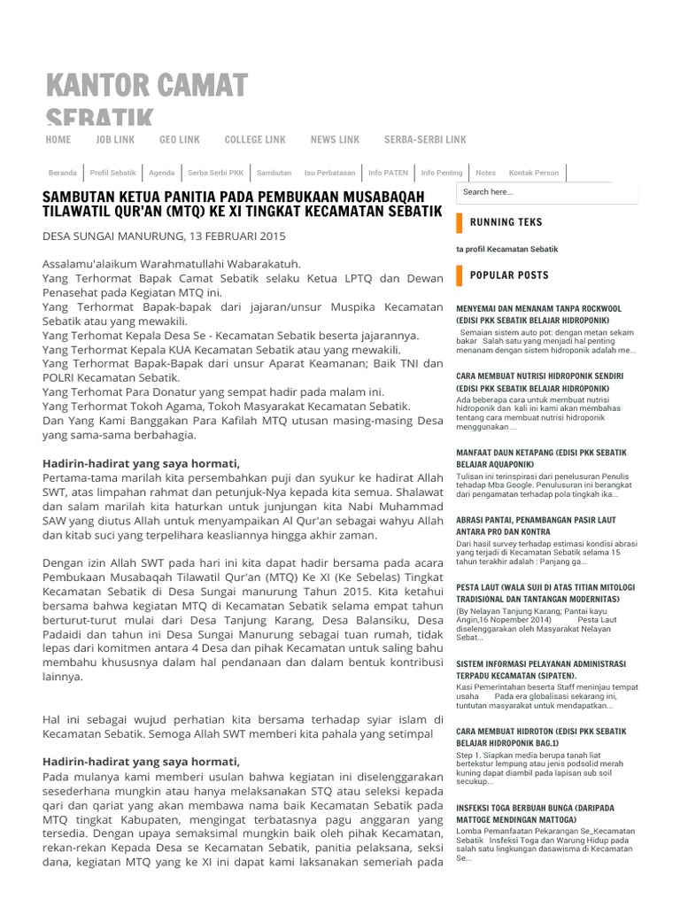 Sambutan Ketua Panitia Pada Pembukaan Musabaqah Tilawatil Qur An Mtq Ke Xi Tingkat Kecamatan Sebat