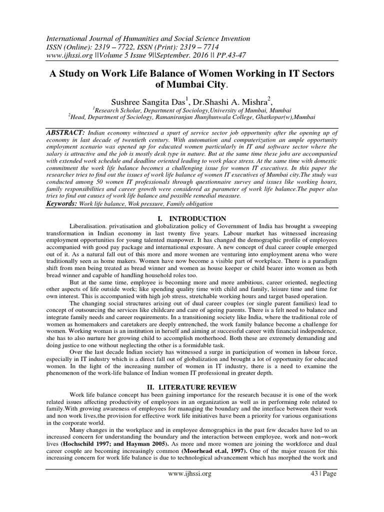 A Study On Work Life Balance of Women Working in IT Sectors of Mumbai ...