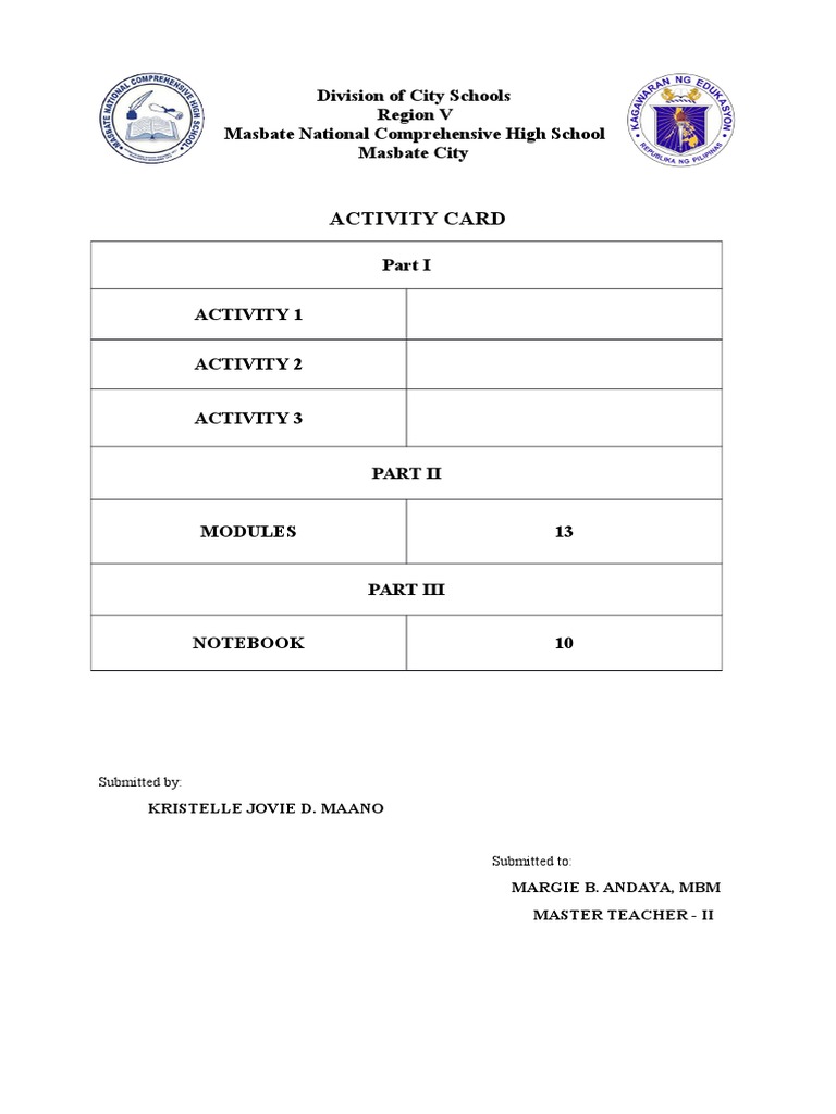 Masbate National High School Activity Card | PDF