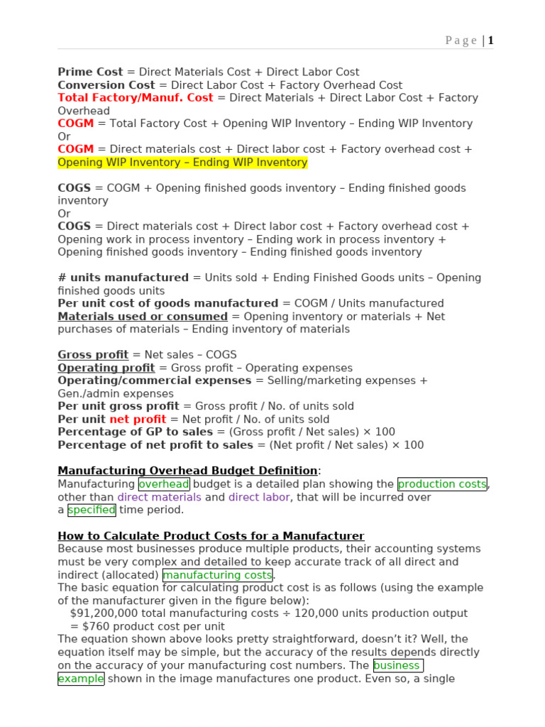 Cost Accounting: Key Formulas Explained | PDF | Cost Of Goods Sold ...
