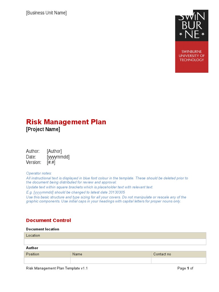 Project Risk Management Plan Template | PDF | Risk | Risk Management
