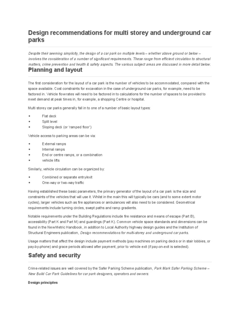 Design Recommendations For Multi Storey And Underground Car Parks Parking Lot Vehicles