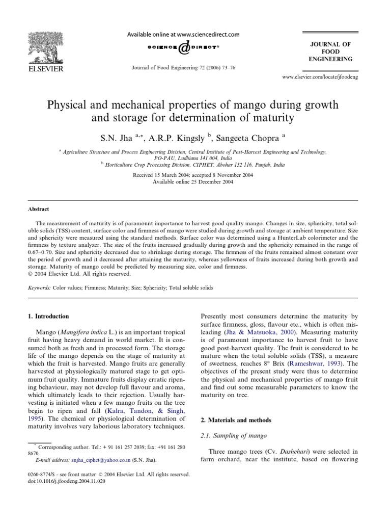Physical and mechanical properties of mango during growth and storage