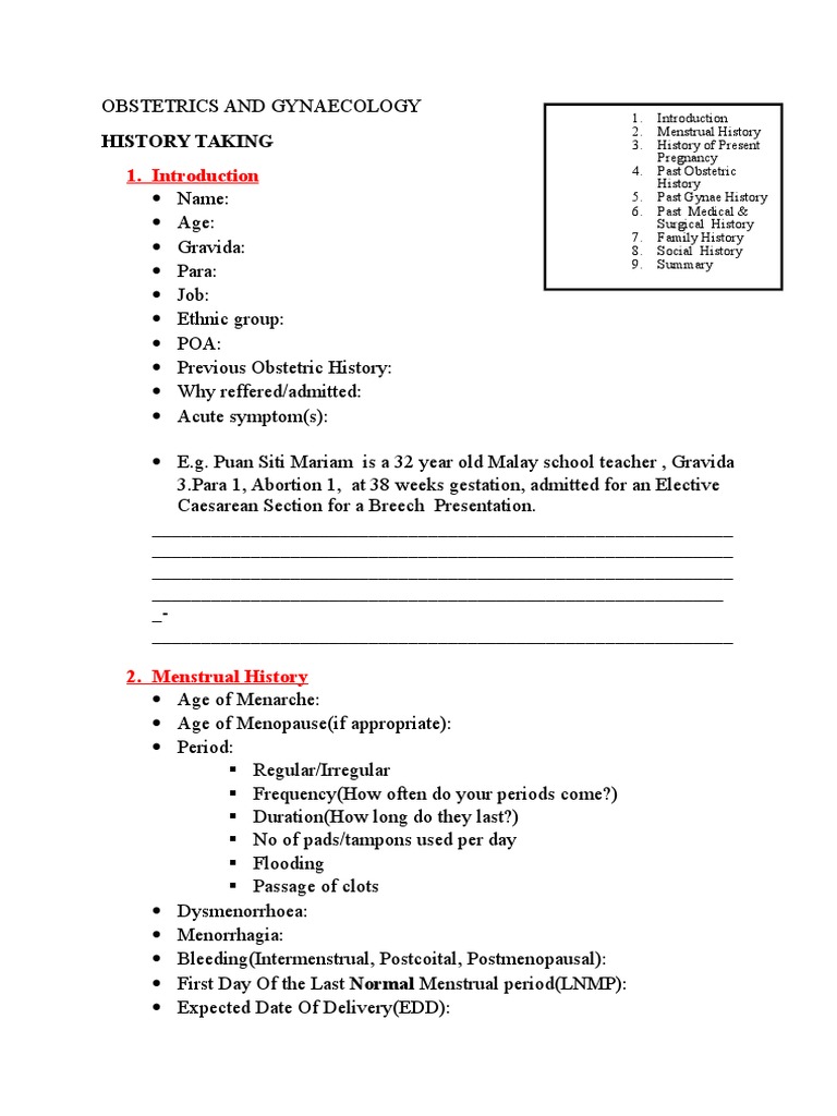 Obstetrics and Gynaecology History Taking Template Obstetrics Pregnancy Obstetrics and Gynaecology History Taking Template Obstetrics Pregnancy