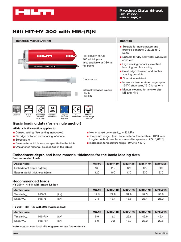 Hilti HIT-HY 200 Product Data Sheet | PDF | Drill | Drilling