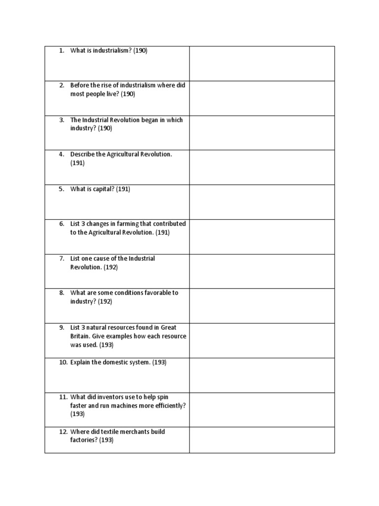 Industrial Revolution Textbook Questions | PDF