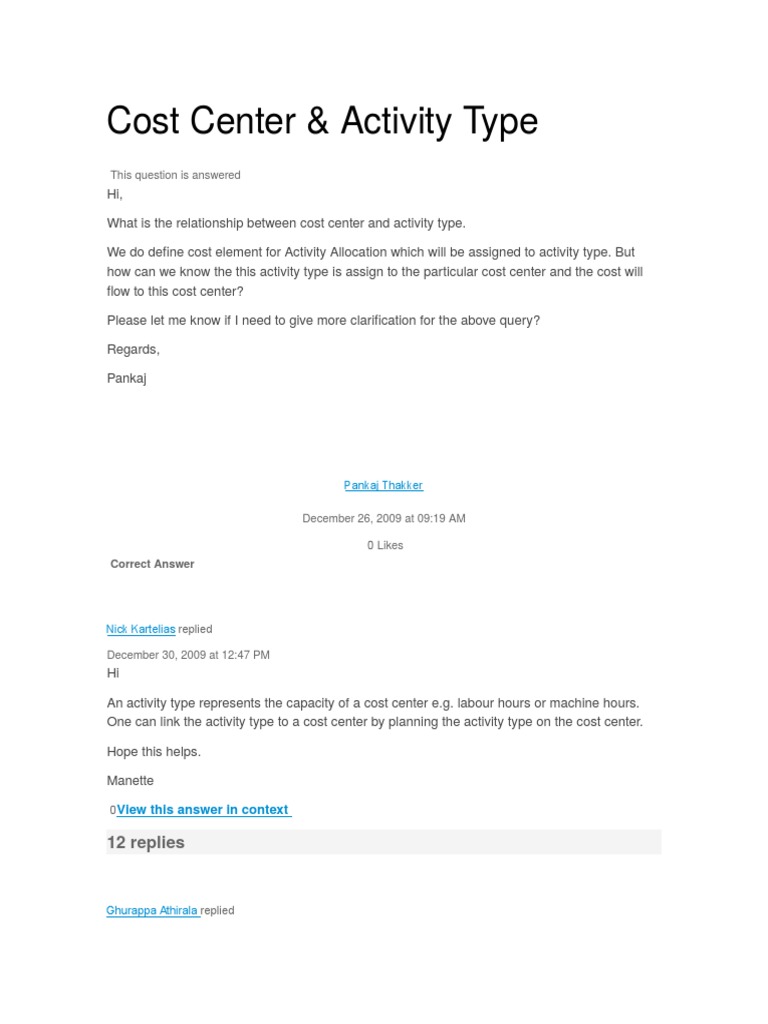 Cost Center Activity Type PDF Production And Manufacturing Economics