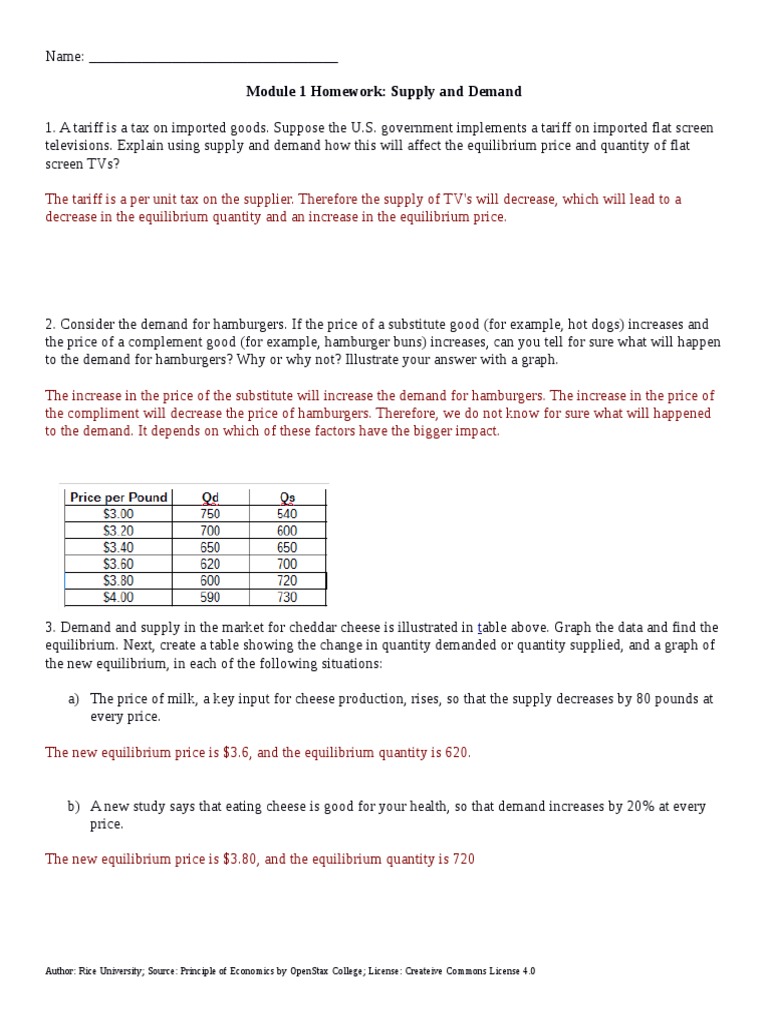 Homework Supply and Demand Answer Key PDF Supply And Demand