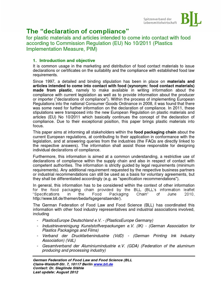 Declaration of Compliance For Plastic Materials Packaging And