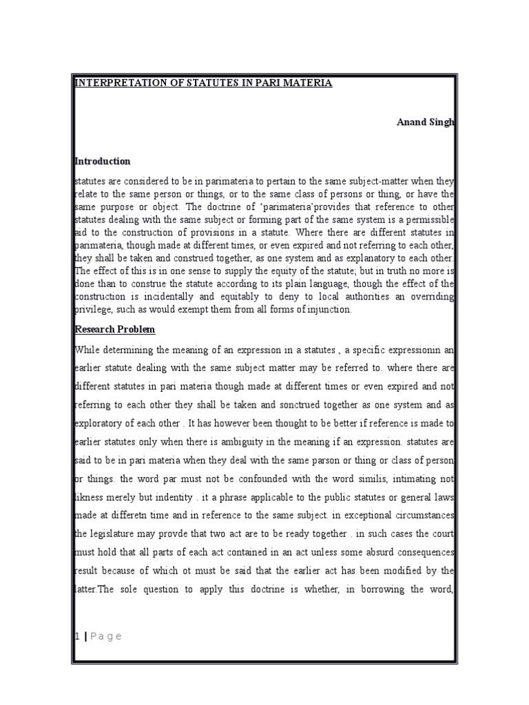 Interpretation of Statutes in Pari Materia PDF Statutory Interpretation Social Institutions