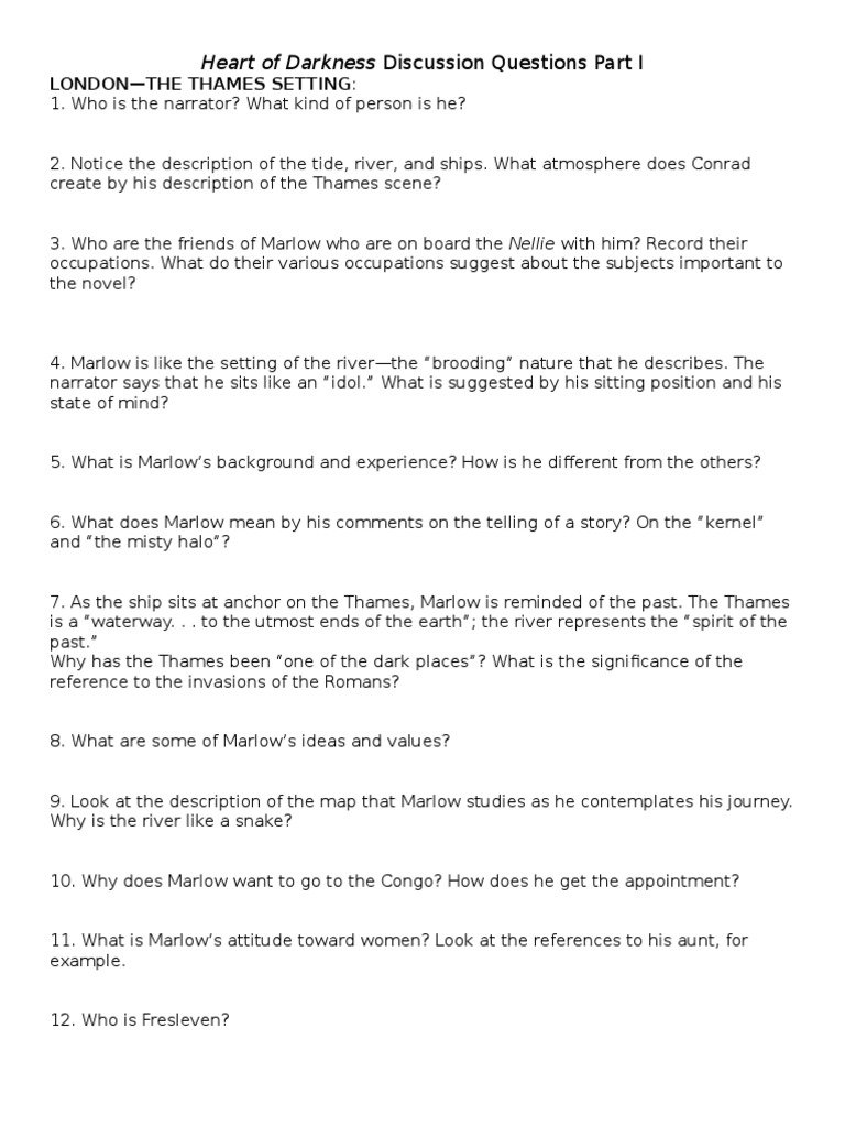 Heart of Darkness Discussion Questions | PDF | Heart Of Darkness ...
