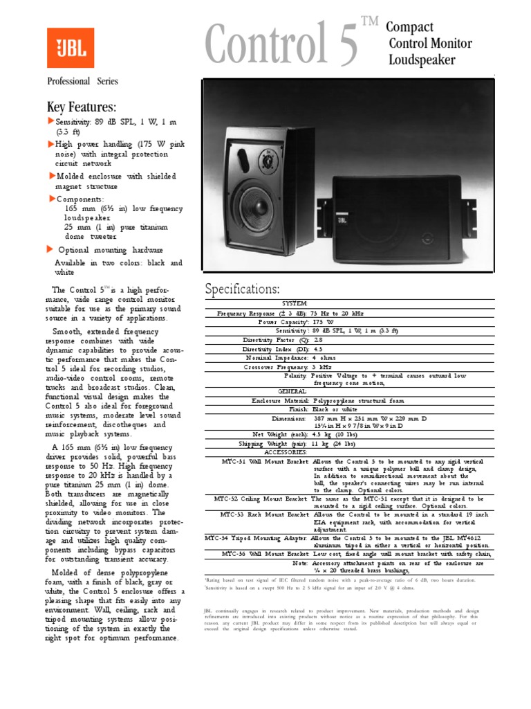 JBL Control 5 Speakers | PDF | Loudspeaker | Audio Engineering