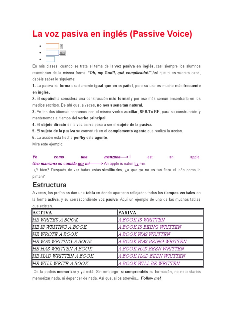Estructura de la voz pasiva en inglés | PDF | Verbo | Asunto (gramática)