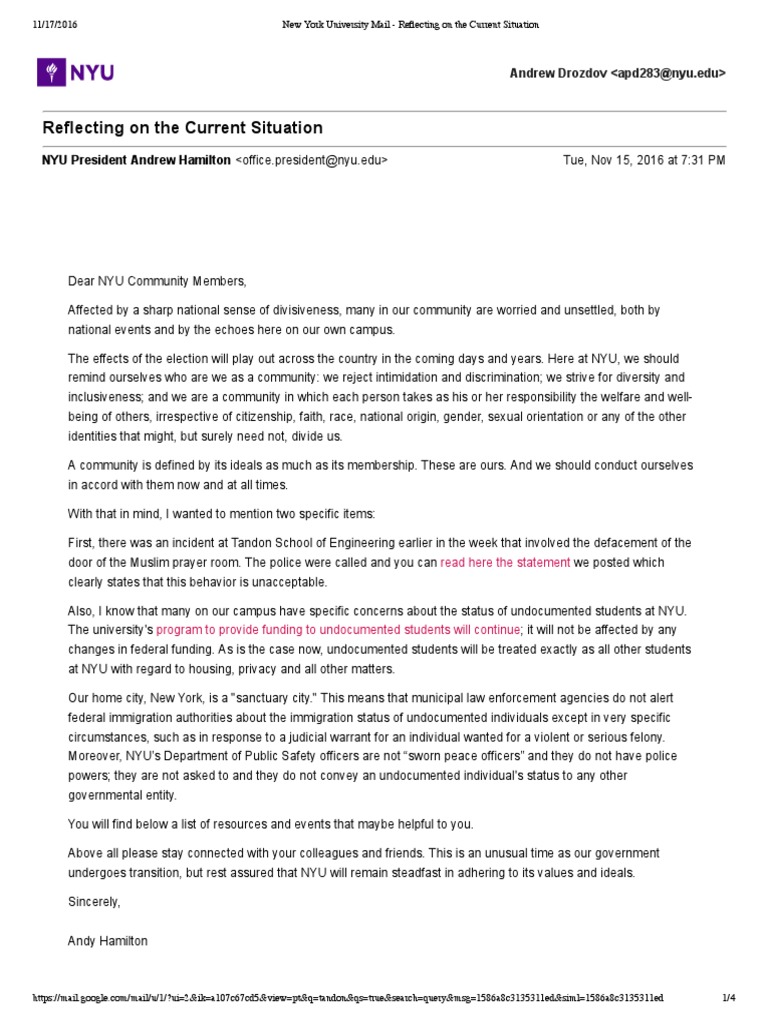 New York University Mail Reflecting on the Current Situation New