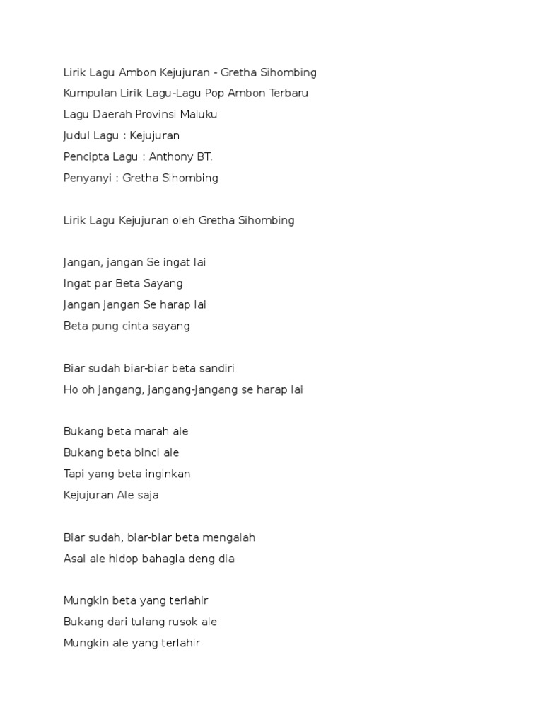 Lirik Lagu Ambon Kejujuran