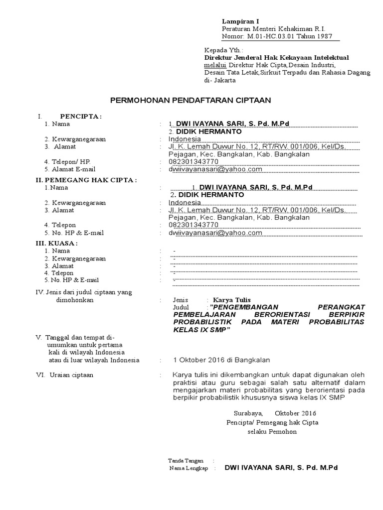 Formulir Permohonan Hak Cipta Pdf