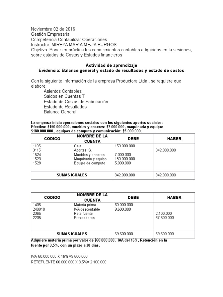 Balance General y Estado de Costos | PDF | Estado de resultados ...