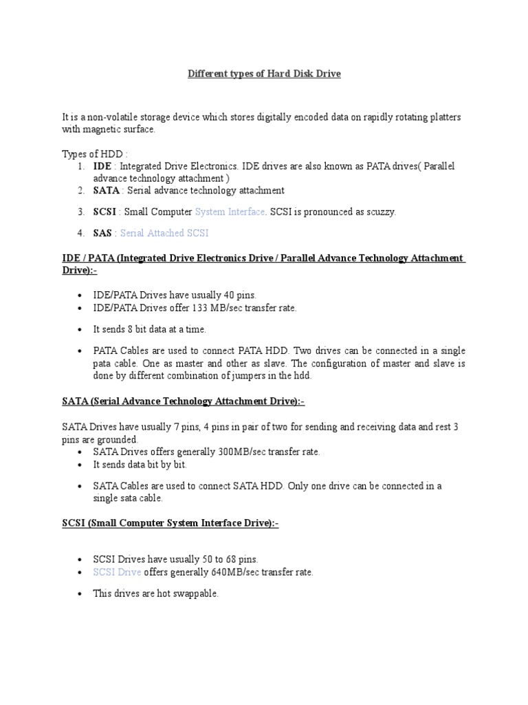 IDE, SATA, SCSI, SAS Types of Hard Disk Drives Explained PDF