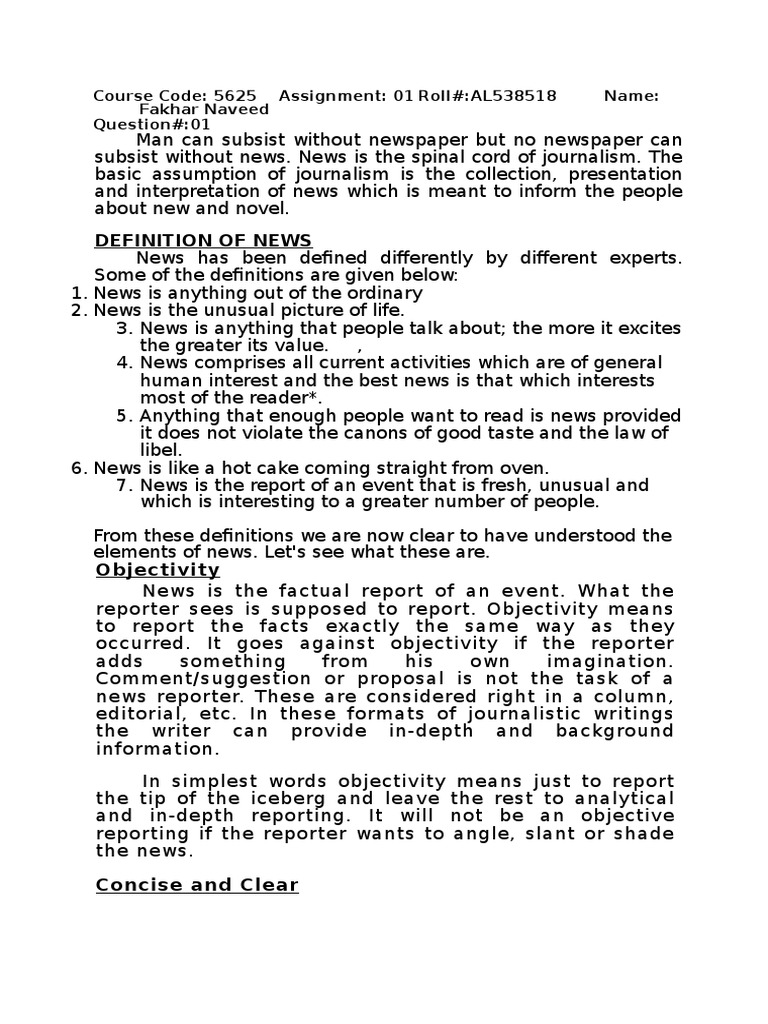 DEFINITION OF NEWS By Different Authors Journalism News