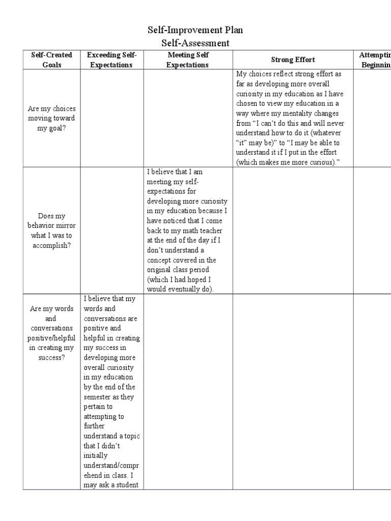 Self-Improvement Plan for Education Success | PDF | Cognition ...