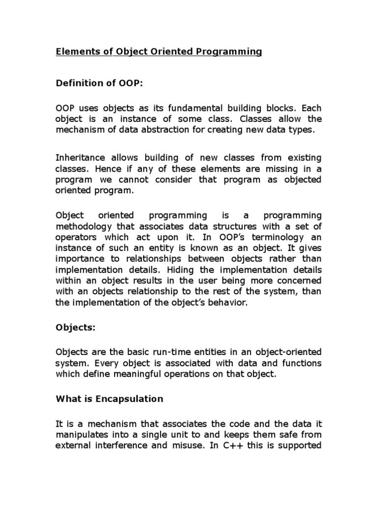 Elements of Object Oriented Programming Definition of OOP | PDF | Class ...